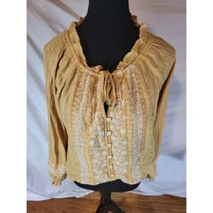 American Eagle Floral Embroidered Womens Size M Long Sleeve Yellow Cropped...